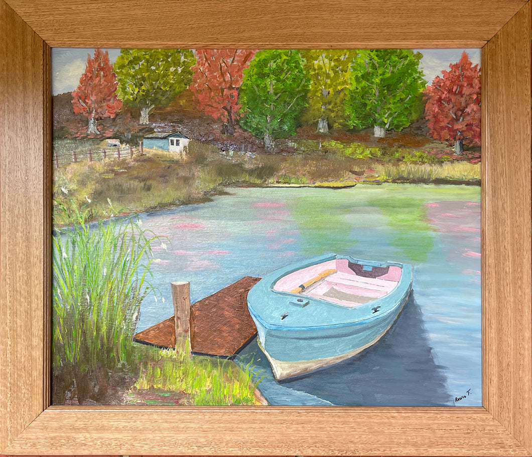 2025 Rowing Boat at Jetty on Lake with Autumn tree reflections