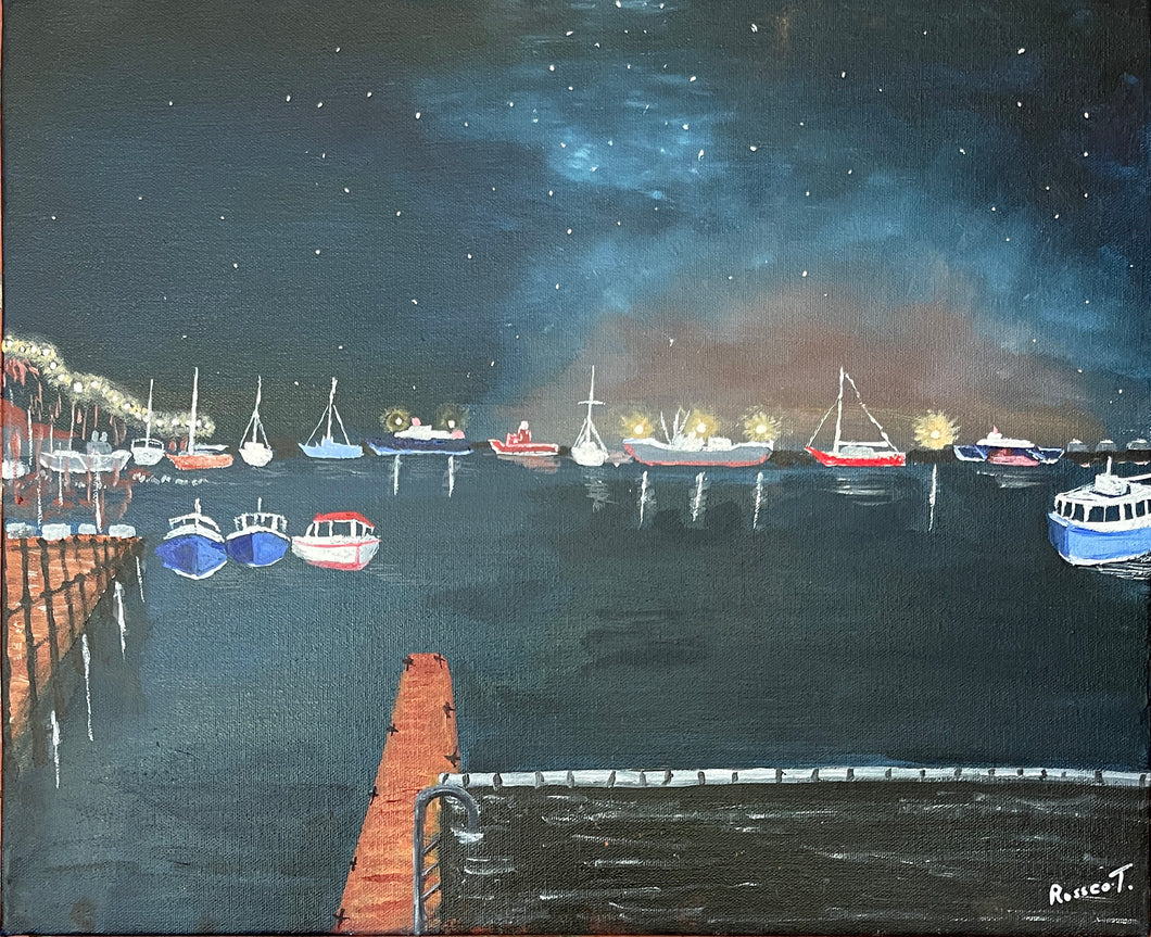 2025 Scarborough Harbour, England, night time reflections seascape