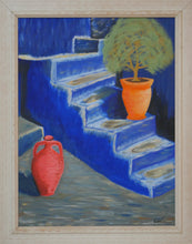 Load image into Gallery viewer, Blue stairs and potted tree. Building
